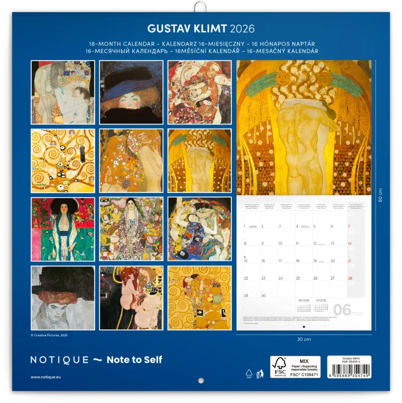 NOTIQUE Poznámkový kalendář Gustav Klimt 2026, 30 x 30 cm