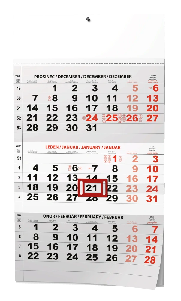 Nástěnný kalendář 2027 Nástěnný kalendář - Tříměsíční - A3 (s mezinárodními svátky) - černý