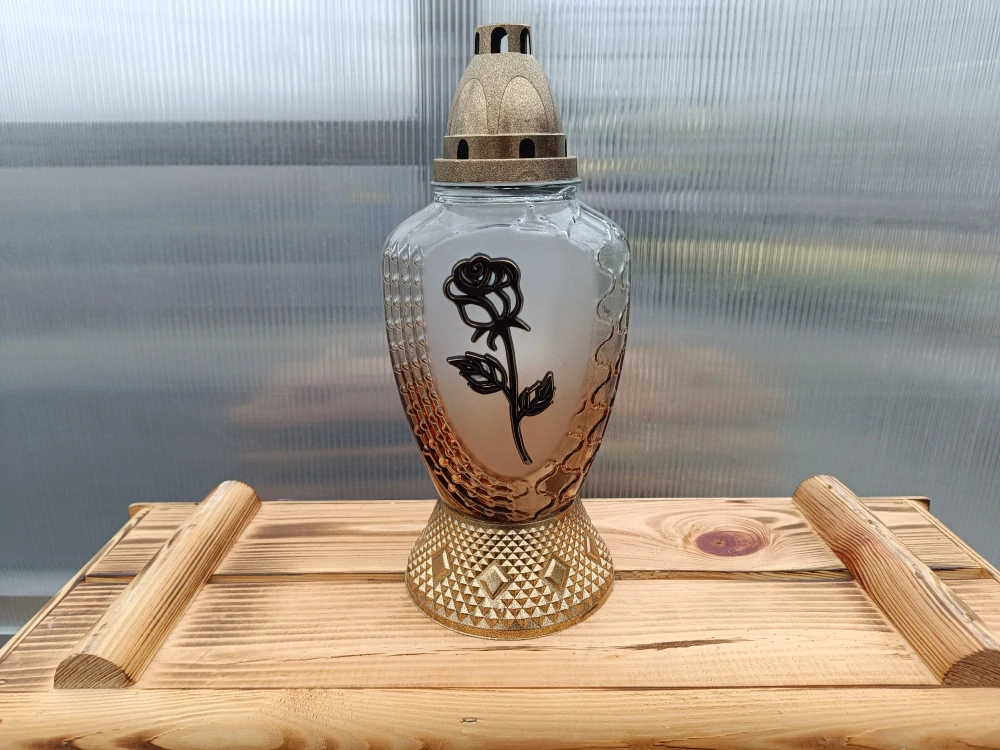 Svícen hřbitovní - růže - zlatý 29cm sklo/plast