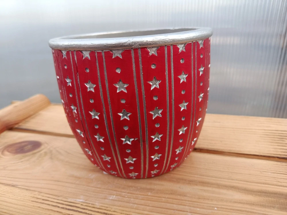 Květináč keramický - červeno-stříbrný s hvězdičkami 14cm