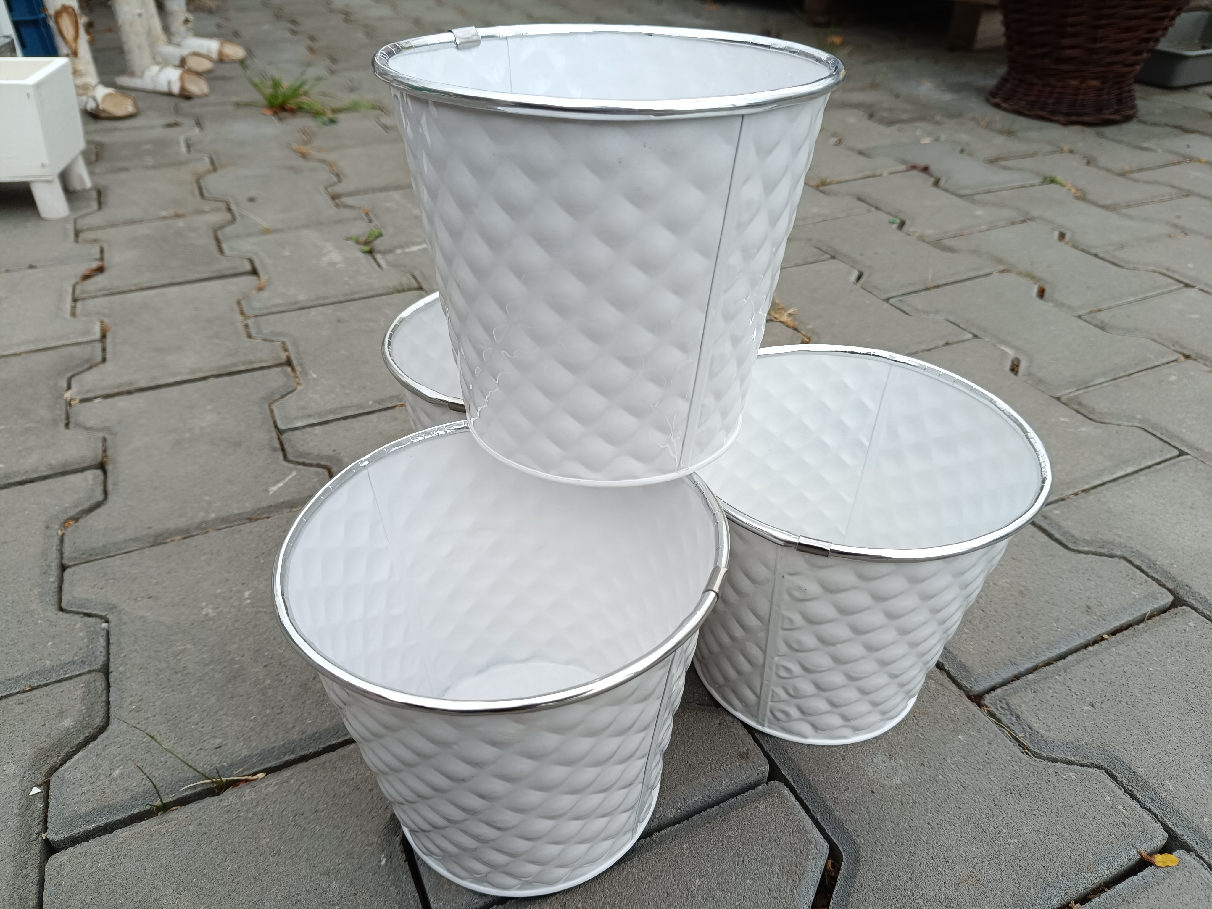 Obal na květináč plech bílý 16cm kulatý se vzorem